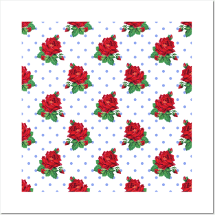 Red vintage roses and blue polka dots Posters and Art